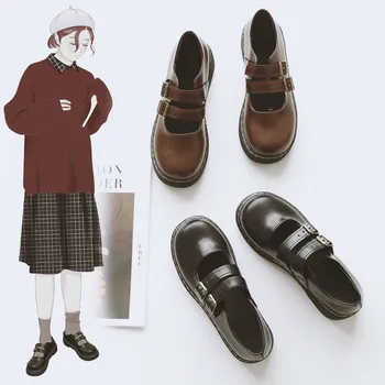 Retro kahverengi ayakkabı Kadın Moda Toka Kayış Platformu Oxford Deri Daireler 2021 Yeni Bayanlar Gotik Sevimli Loafer'lar Lolita Mary Janes