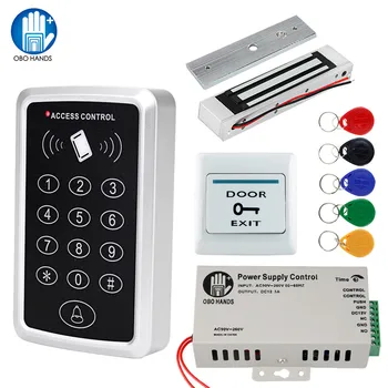 RFID Erişim Kontrol Sistemi Seti çerçeveli cam kapı Seti + Elektrikli 180 KG Manyetik Kilit + 5 Keytab + Güç Kaynağı + Çıkış Düğmesi