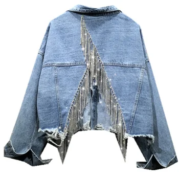 Rhinestone püskül ağır sanayi denim ceket kadın ilkbahar sonbahar kişilik gevşek rahat kısa kot pantolon ceket