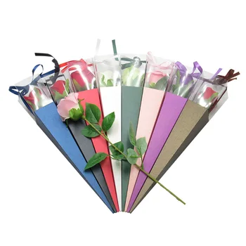 Sevgililer Günü Gül Çiçek Şeffaf Kutu Tek Buket Hediye Kutusu Çiçek Ambalaj PVC Üçgen Kutu parlak kağıt torba