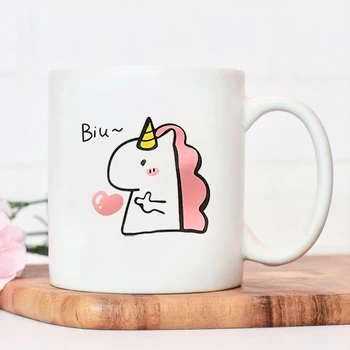 Sevimli Unicorn Biu Aşk Karikatür Baskı Seramik Kupa Oyun doğum günü hediyesi Kahve Fincanları Yaratıcı Renkli Seramik Büyük Grip Bölümü
