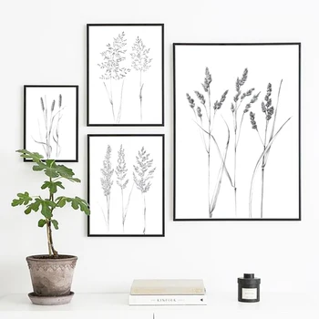 Siyah Beyaz Botanik Spikelet Kroki Bir Çizgi Çizim Tuval Posterler Vahşi Ot Bitki Hygge Duvar Sanatı Boyama Baskı Ev Dekor