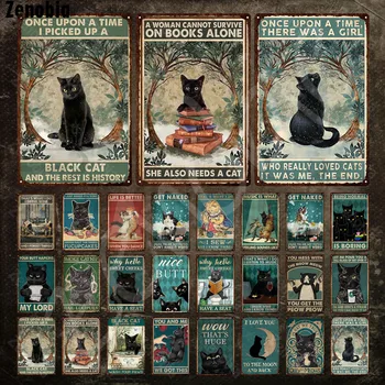 Siyah Kedi Metal Poster İçme Şarap Keman Çalmak ve Banyo Komik Kedi Tabela Hayvan Vintage Plak Ev Dekor