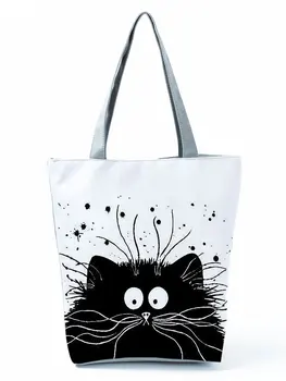 Siyah Sevimli Kedi Baskılı Kumaş Eko Çanta Karikatür Yüksek Kapasiteli Alışveriş Ofis Kullanımlık Rahat omuzdan askili çanta Bayan Tote Çanta