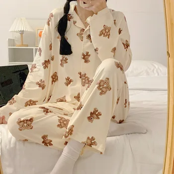 Sonbahar Sevimli Ayı Pijama Kadın Uzun İki Tatlı ve Sevimli Kız Öğrenci Dış Giyim Pantolon Eve Servis-parça Elbise kollu 