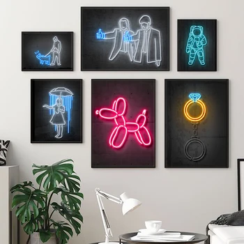Soyut Neon Gibi Kurgu Haring Köpek Duvar Sanatı Nordic tuval yağlıboya Posterler Balon Köpek Baskı Resimleri Bar Odası Ev Dekor
