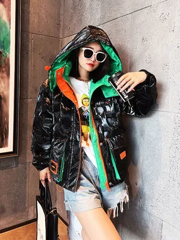 Su geçirmez Patchwork şişme ceketler Kadın Streetwear Gevşek Moda Büyük Cep Kapşonlu Parkas Kalın sıcak tutan kaban Kadın 2022 uzun kaban
