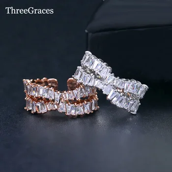 ThreeGraces Lüks Nişan Yüzüğü Kadınlar Için Açacağı Geometrik Uzun Kare CZ Kristal Ayarlanabilir alyanslar Gelin Takı RG066