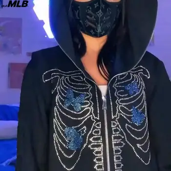 Y2k Grunge Zip Hoodie Rhinestone Yıldız Baskı elbise Kadınlar Boy Hoodie Kazak Goth Punk Uzun Kollu harajuku Spor Ceket