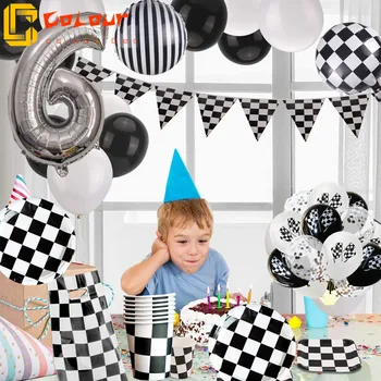 Yarış Arabası Doğum Günü Partisi Malzemeleri Siyah Beyaz Damalı Parti Süslemeleri Dahil Olmak Üzere Afiş Flama Balonlar Masa Örtüsü hediye keseleri
