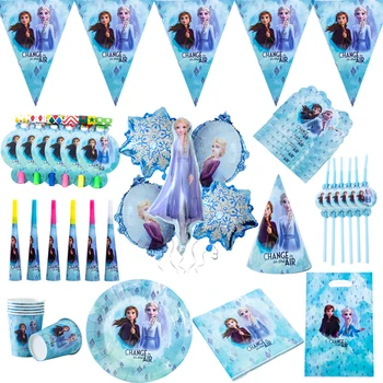 Yeni Dondurulmuş 2 Tema Elsa Anna Doğum Günü Partisi Süslemeleri Tek Kullanımlık Sofra Kar Kraliçesi Kağıt Bardak Tabak Parti Malzemeleri Balonlar