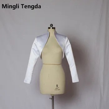 Yeni Popüler Custom Made Gelin Saten Ceket Wrap Düğün Moda Yaka Omuz Silkme Uzun Kollu Bolero Mingli Tengda Ceket Kadın
