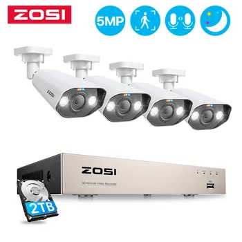 ZOSI 5MP POE Video Gözetim Sistemi İki Yönlü Ses 8CH H. 265 NVR Kiti IP66 Açık Bullet IP Kamera Güvenlik Kamera Seti