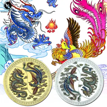 Çin Ejderha ve Phoenix Mücadelesi Coin Altın kaplama Kabartmalı Tasarım Şanslı Sikke Çin Tarzı Koleksiyonu Dekorasyon Hediye