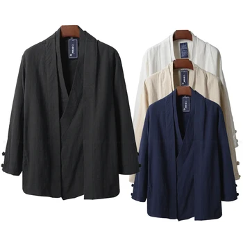 Çin Tarzı Erkekler Keten Hanfu Hırka Tops Zea Çay Kung Fu Gömlek Japon Kimono Ceketler Coats Robe Oryantal Moda Giyim