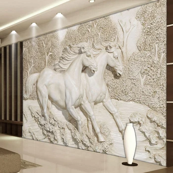 Özel Duvar Kağıdı 3D Stereo Kabartma Beyaz At Fotoğraf Duvar Resimleri Klasik Oturma Odası TV Zemin Ev Dekor Duvar resimleri