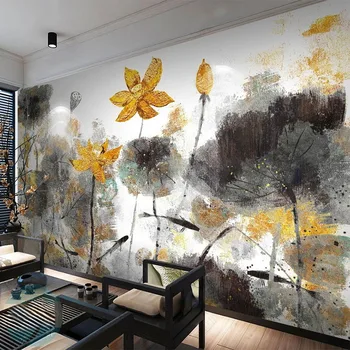Özel Duvar Kağıdı Yeni Çin Tarzı 3D Mürekkep Lotus Altın Çiçek Dekoratif Boyama Oturma Odası TV Arka Plan Duvar 3D Duvar Resimleri