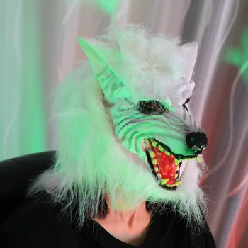 Ürpertici Lateks Cosplay Korku Maskara Cadılar Bayramı Korkunç Maske Uzun Saç Kurt Başkanı Hayvan Parti Kostüm Tiyatro Sahne
