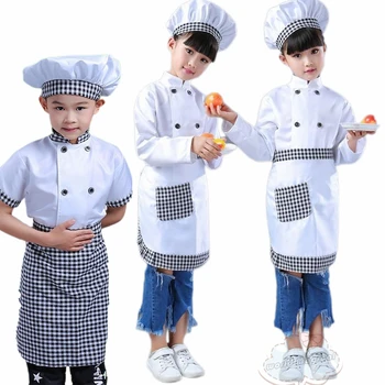 Şef Üniforma Çocuk Cosplay Gömlek Önlük Hood Catering Kostüm Partisi Küçük Şef Çocuklar Ekose Kostüm Oyun Evi Yemek Cosplay